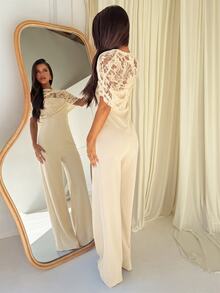 Aloruh Jumpsuit Kasual Wanita dengan Motif Patchwork Renda untuk Pemakaian Sehari-hari - Aprikot - View 2