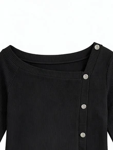 INAWLY Plus Size Black Ribbed Knit Cold Shoulder Long Sleeve Top With Asymmetric Button Closure For Women - Black - View 4