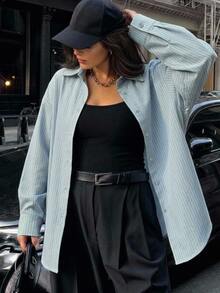 Dazy Plus Fashion Striped Lapel Loose Fit Playful Commuter Versatile Casual Spring Autumn New Shirt - Mint Blue - View 4