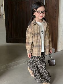 Dazy Kids 女童格紋休閒百搭日常穿著襯衫 秋季 - 卡其色 - 查看 7