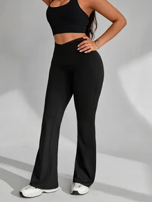 Slayform Women's Solid Color Contrast Lace Flare Leg Sports Pants - Black - View 4
