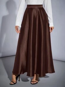 SHEIN Tall 高腰純色喇叭派對女款大寬擺裙，適合高個女性 - 咖啡棕 - 查看 1
