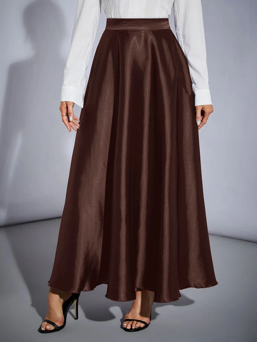 SHEIN Tall 高腰純色喇叭派對女款大寬擺裙,適合高個女性 - 咖啡棕 - 查看 1