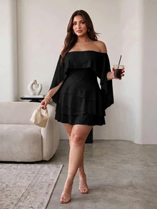 Hourglow Plus Size Women's Off Shoulder Cape Sleeve Mini Dress, Waist-Defining Layered Ruffle Elegant Party Dress For Shape - Black - View 5
