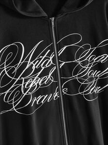 ROMWE Autumn/Winter Streetwear Plus Size Loose Fit Open Front Hooded Sweatshirt With Floral Slogan Print - Black - View 4