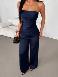 SHEIN PETITE Women's Satin & Lace Patchwork Bandeau Top And Long Pants 2 Pieces Set - Navy Blue - View 7