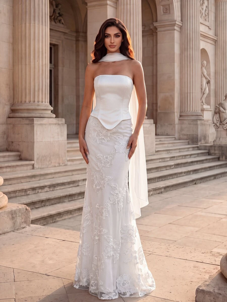 Coutiva Sexy Strapless Waist-Cinching Bodycon Evening Gown With Fashionable Sequins - White - View 1