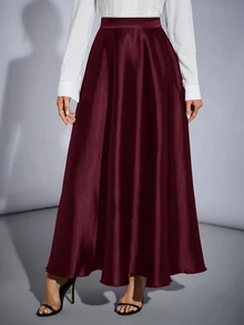 SHEIN Tall 高腰純色喇叭派對女款大寬擺裙，適合高個女性 - 紫紅色 - 查看 1