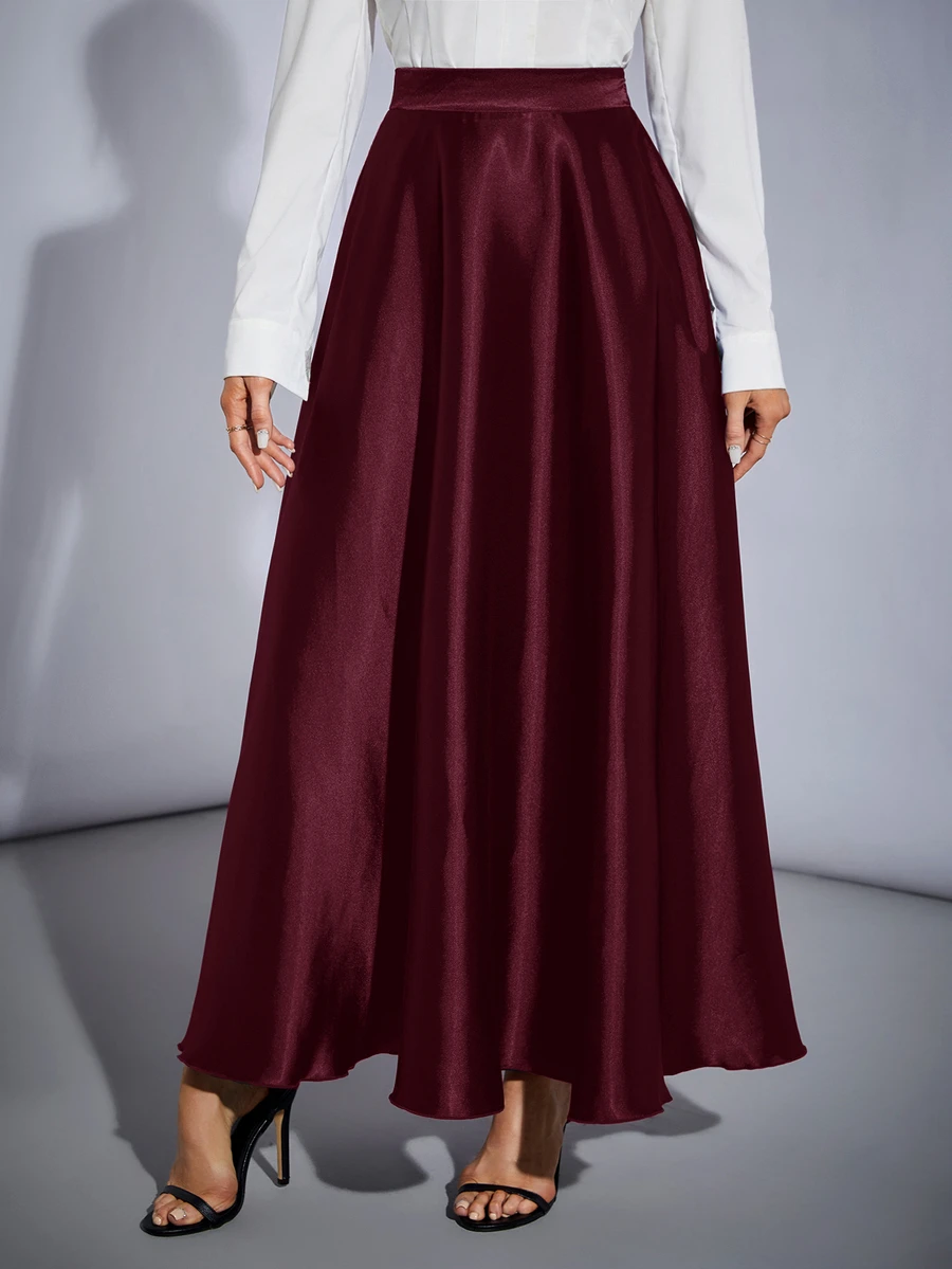 SHEIN Tall 高腰純色喇叭派對女款大寬擺裙,適合高個女性 - 紫紅色 - 查看 1