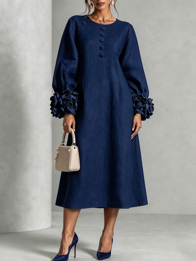 Linhara CURVE Wine Red Round Neck Lantern Long Sleeve Midi Dress With 3D Floral Cuff Decor, Elegant Relaxed Style, Spring/Autumn, Loose Straight Long Dress For Vacation, Outing, Party, Daily Commute, Afternoon Tea, Elegant