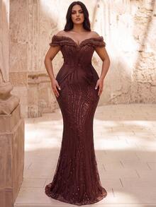 Elovaire Autumn/Winter Elegant Classy Sequin Off-Shoulder Backless Mermaid Hem Formal Evening Dinner Gown, Wedding Guest Dress, Graduation Ceremony Brown - Brown - View 1