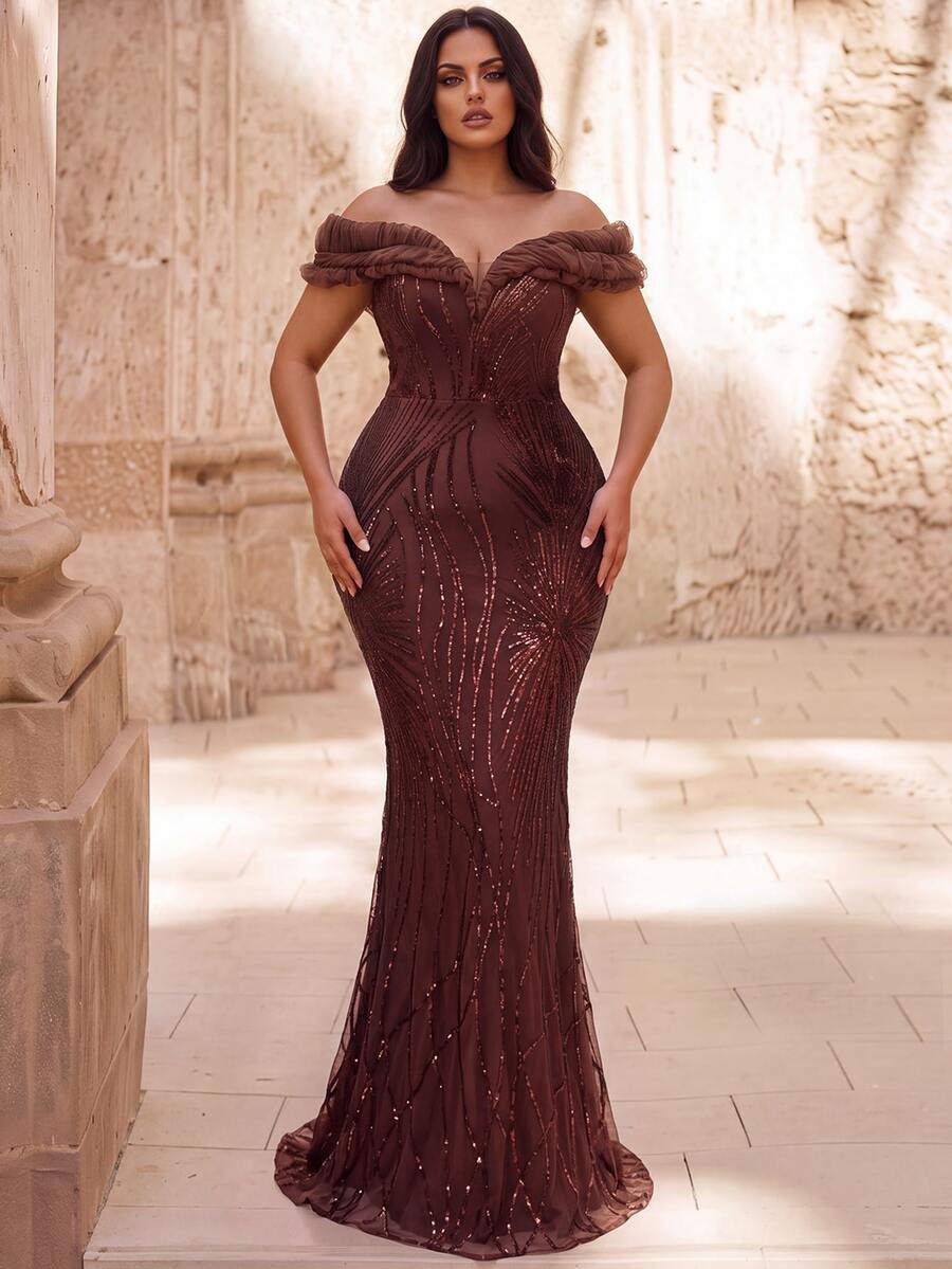 Elovaire Autumn/Winter Elegant Classy Sequin Off-Shoulder Backless Mermaid Hem Formal Evening Dinner Gown, Wedding Guest Dress, Graduation Ceremony Brown - Brown - View 1