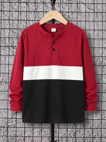 SHEIN 男童純色半鈕扣長袖 Polo T恤，對比色美式復古風，基礎上衣，適合秋冬、校園、家庭聚會，秋季穿搭，冬季穿搭 - 彩色 - 查看 1