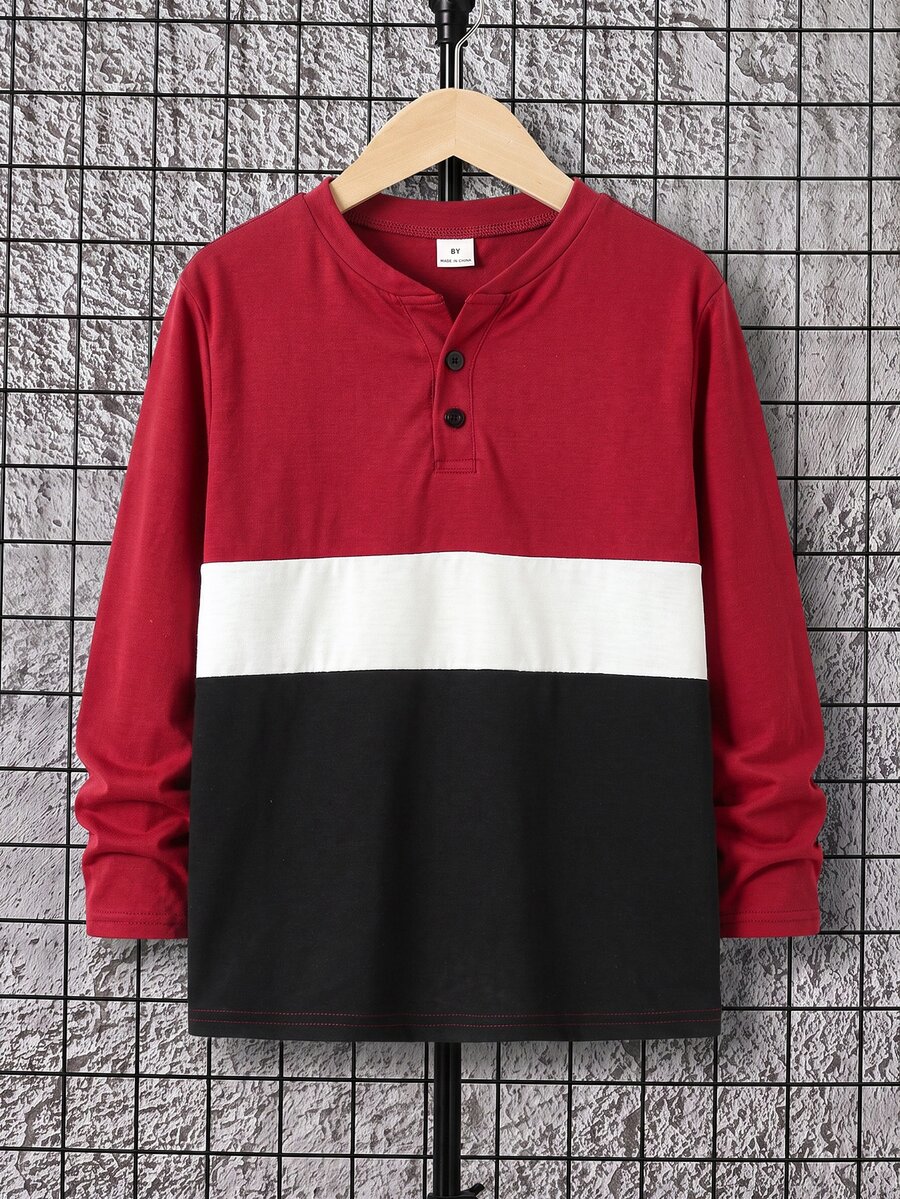 SHEIN 男童純色半鈕扣長袖 Polo T恤,對比色美式復古風,基礎上衣,適合秋冬、校園、家庭聚會,秋季穿搭,冬季穿搭 - 彩色 - 查看 1