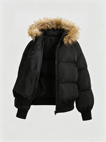 SHEIN Tween女孩童裝極簡風大廓型毛絨裝飾連帽加厚棉襖黑色羽絨外套秋冬款 - 黑色 - 查看 3