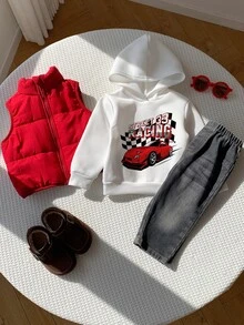 SHEIN 3件組男嬰秋冬紅色刷毛背心外套賽車圖案白色連帽衛衣黑色牛仔褲外套套裝嬰兒服飾背心套裝秋冬套裝賽車套裝 - 彩色 - 查看 3