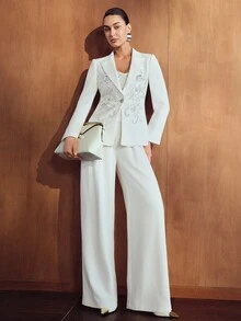 MOTF PREMIUM WOMEN'S HEAVY EMBROIDERY LAPEL DEEP V-NECK DOUBLE-BREASTED LIGHT CEREMONIAL BLAZER, AUTUMN/WINTER - Beige - View 5