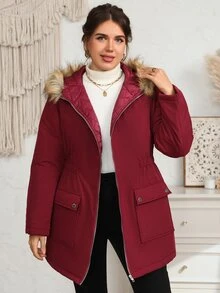 EMERY ROSE Plus Size Women's Winter Casual Fur Collar Solid Color Padded Coat - Red Violet - View 4