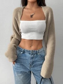 SHEIN EZwear 女款毛茸茸純色簡約休閒開襟衫，長袖上衣，秋冬日常杏色 - 杏色 - 查看 3
