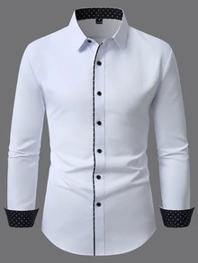 Manfinity Bizformal 男士拼色單排扣休閒百搭日常穿著襯衫，正式、儀式場合適用 - 白色 - 查看 3