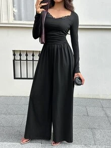 FavEase Women's Autumn Casual Minimalist Black Square Neck Lace Patchwork Long Sleeve Jumpsuit - Black - View 3