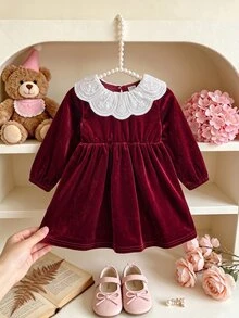 Baby Girl Velvet Thick Long Sleeve Ruched Waist Lace Embroidered Peter Pan Collar Loose Long Dress Suitable For Winter Christmas - Burgundy - View 7