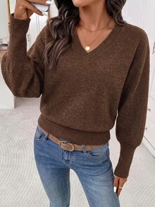 Editum Sweatshirt Lengan Panjang Kasual Wanita Warna Polos dengan Kerah V untuk Sehari-hari - Coklat - View 5