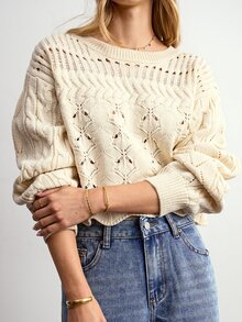 Willow Rêve Sweater Pullover Kasual Lengan Panjang Bahu Jatuh Berlubang Warna Krem untuk Wanita - Krim - View 6