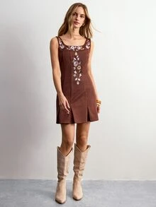 Willow Rêve 女款棕色麂皮刺繡領無袖洋裝 - 棕色 - 查看 3