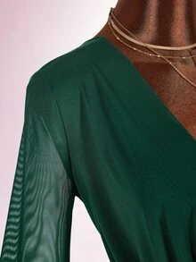Amplova Romantic Vacation Earthy Tone Low-Cut Draping Collar, Flared Sleeves, Bodycon Mini Dress - Dark Green - View 7