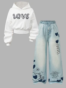 SHEIN 青少年女孩短版連帽衛衣 + 鬆緊腰寬腿長褲 2件套，LOVE字母印花短版連帽衛衣，愛心與花朵塗鴉長褲，秋季休閒女孩套裝度假套裝 - 藍色 - 查看 3