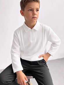 SHEIN 兒童青少年男孩牛仔效果印花長袖 Polo 衫，適合通勤、上學、日常休閒、校園、旅行、運動，秋冬款 - 黑色 - 查看 3