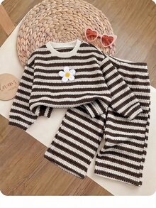 SHEIN Baby Girl 3D Flower Decor Striped Sweatshirt And Pants Casual Set - Khaki - View 5