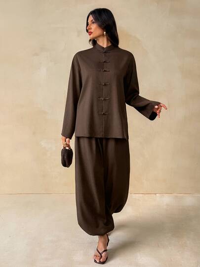 SHEIN Tall New Loose Linen New Chinese Style Button-Up Top + Lantern Trousers Women's Two Pieces Set