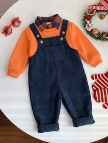 SHEIN 男嬰女嬰幼兒男童秋冬套裝，2件/套 抓絨內裡加厚杏色運動衫針織上衣搭配綠色燈芯絨格紋吊帶褲連身褲套裝，舒適百搭時尚日常可愛休閒簡約百搭風，適合室內、戶外滑雪、日常、運動、玩耍、派對、拍照、節日、萬聖節、聖誕節、聖誕禮物、新年、聖誕毛衣、聖誕派對、冬季衣物、長袖上衣 - 彩色 - 查看 5