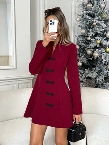 Easowa Casual Relaxed Elegant Commute Autumn/Winter Mini Dress With Contrast Color Button Detail, Cinched Waist, A-Line, Long Sleeve - Multicolor - View 5