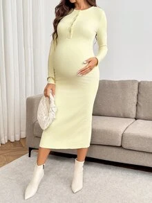 SHEIN Đầm bầu ôm dáng thanh lịch màu trơn, cổ tròn, tay dài, vạt trước cài nút nửa ngực, mùa thu - Màu vàng - Xem 4
