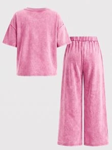 SHEIN 女童字母印花圓領短袖T恤與長褲休閒日常套裝 - 粉色 - 查看 2