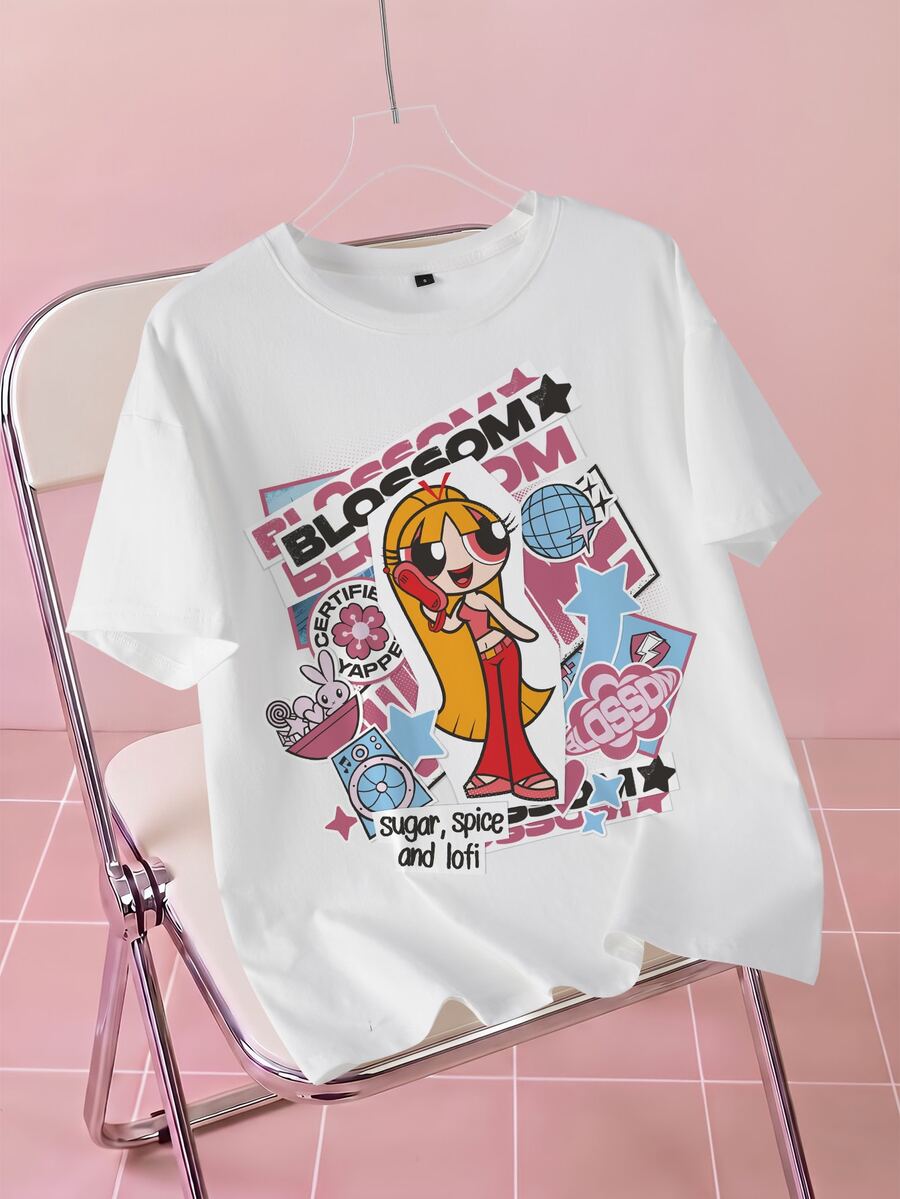 THE POWERPUFF GIRLS X SHEIN Áo thun nữ cổ tròn tay ngắn in chữ hoạt hình phong cách thường ngày - trắng - Xem 1
