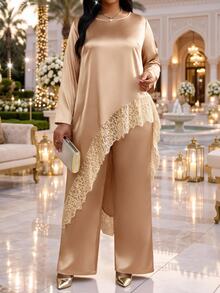 Fleurora Plus Size Women Solid Color Long Sleeve Contrast Lace Asymmetrical Hem Blouse And Wide Leg Pants Elegant 2 Pieces Set - Gold - View 4