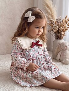 SHEIN 嬰兒幼兒秋季休閒可愛碎花度假洋裝，蝴蝶結裝飾蓬鬆裙擺 - 彩色 - 查看 1