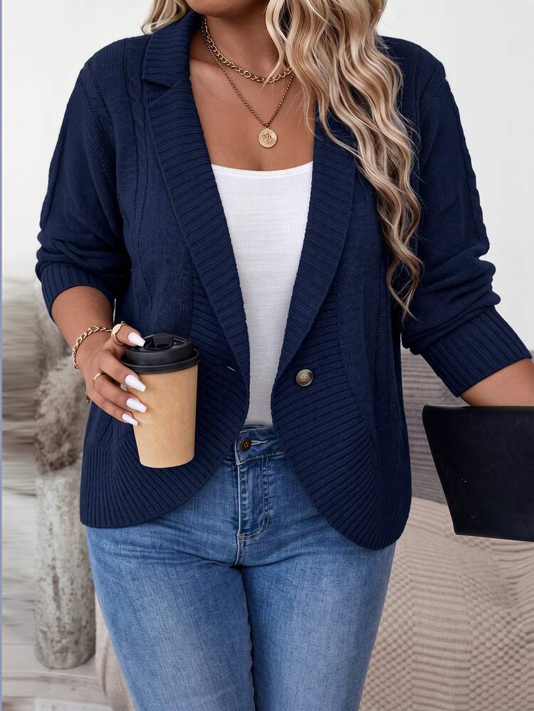 SHEIN Plus Size Women Solid Color Casual Loose Fit Long Sleeve Cardigan Fall Winter - Royal Blue - View 1