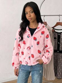 SHEIN Tween Girl Thermal Lined Tween Girl Thick Bow Hooded Zip-Up Jacket Fall/Winter - Pink - View 9