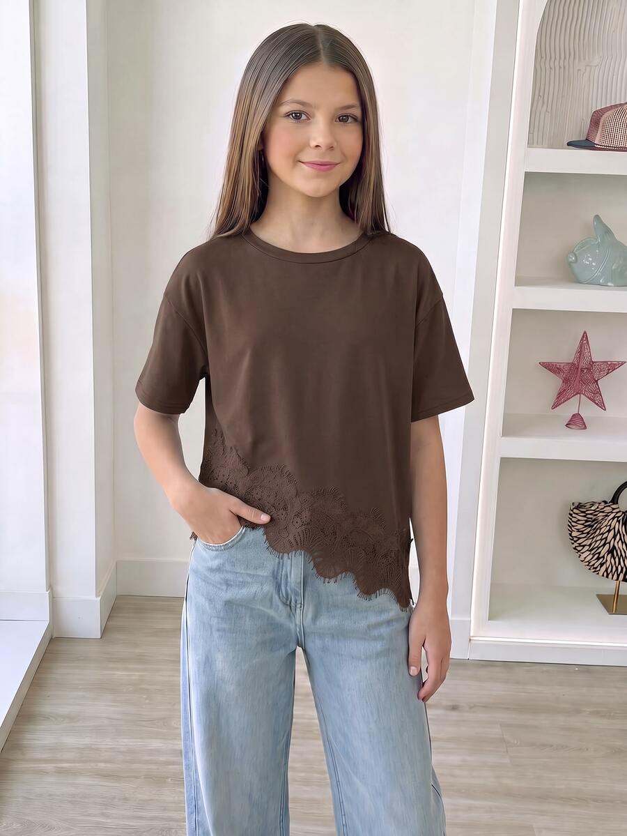 SHEIN Tween女孩 34%棉 素色圓領落肩短袖休閒寬鬆不對稱下擺T恤 夏季 - 棕色 - 查看 1