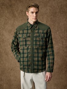 Manfinity CityGents Kemeja Pria Lengan Panjang Kancing Depan Motif Kotak-kotak Musim Semi/Gugur - Hijau Tentara - View 1