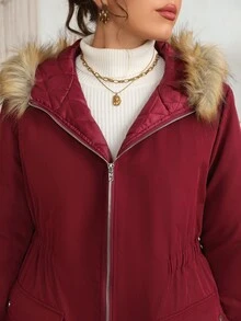 EMERY ROSE Plus Size Women's Winter Casual Fur Collar Solid Color Padded Coat - Red Violet - View 7