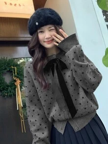 DAZY Cardigan Kasual Wanita Motif Polkadot dengan Hiasan Pita - Grey - View 2