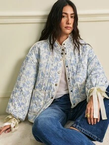 SHEIN Women's Floral Print Drop Shoulder Long Sleeve Single-Breasted Winter Coat - Multicolor - View 1