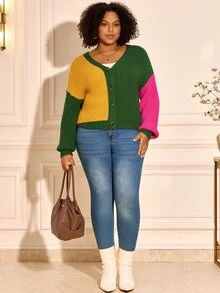 BrightlyHer Plus Size Women's Colorblock Casual Daily Cardigan - Multicolor - View 6
