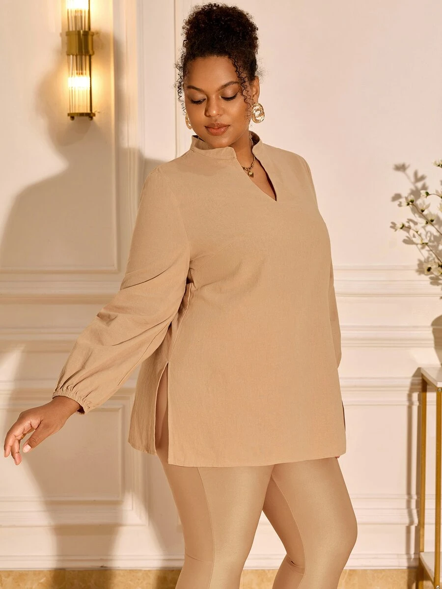BrightlyHer Plus Size Women's Notched V-Neck Side Slit Hem Blouse And Leggings Solid Color 2 Pieces Set Office Beige Elegant Business Casual - Khaki - View 1